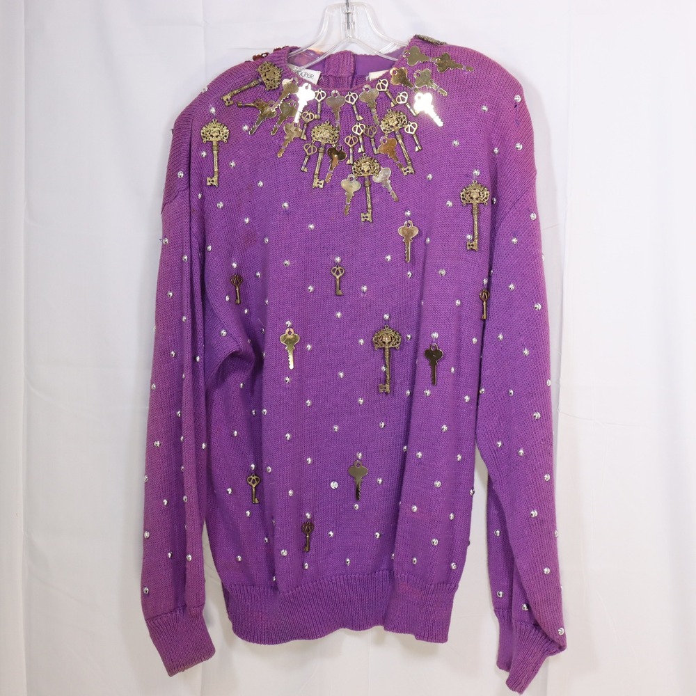 Bonnie‎ Boerer Skeleton Key Sweater L Purple Womens Vintage Embellished Novelty